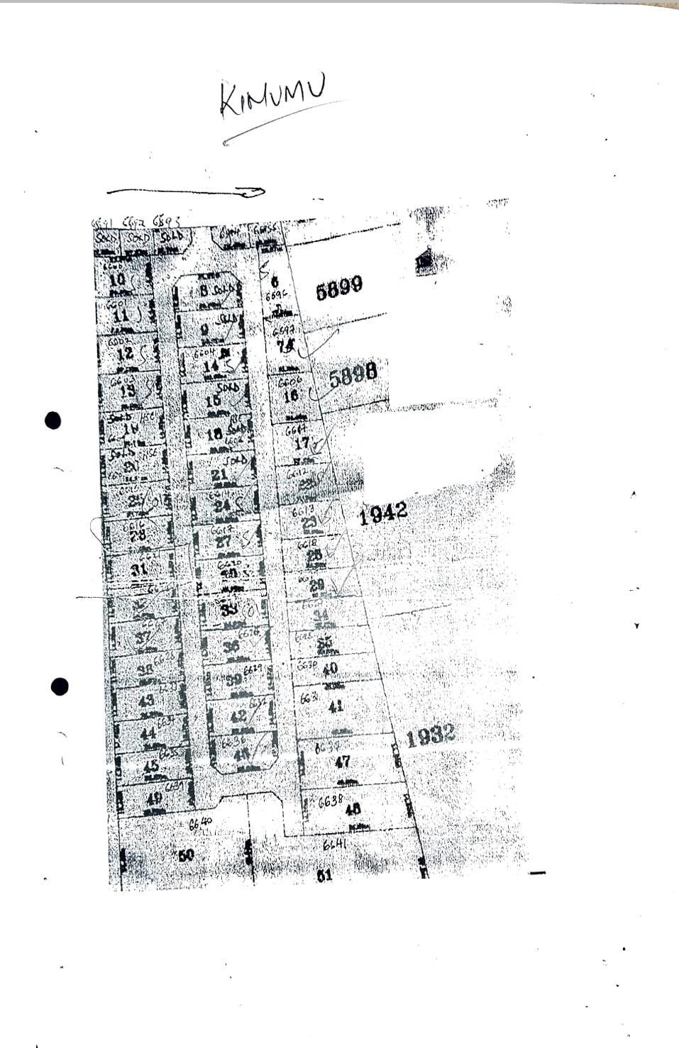 Surveyed layout plan for the Kimumu plots in Eldoret, showing numbered plots along the access roads