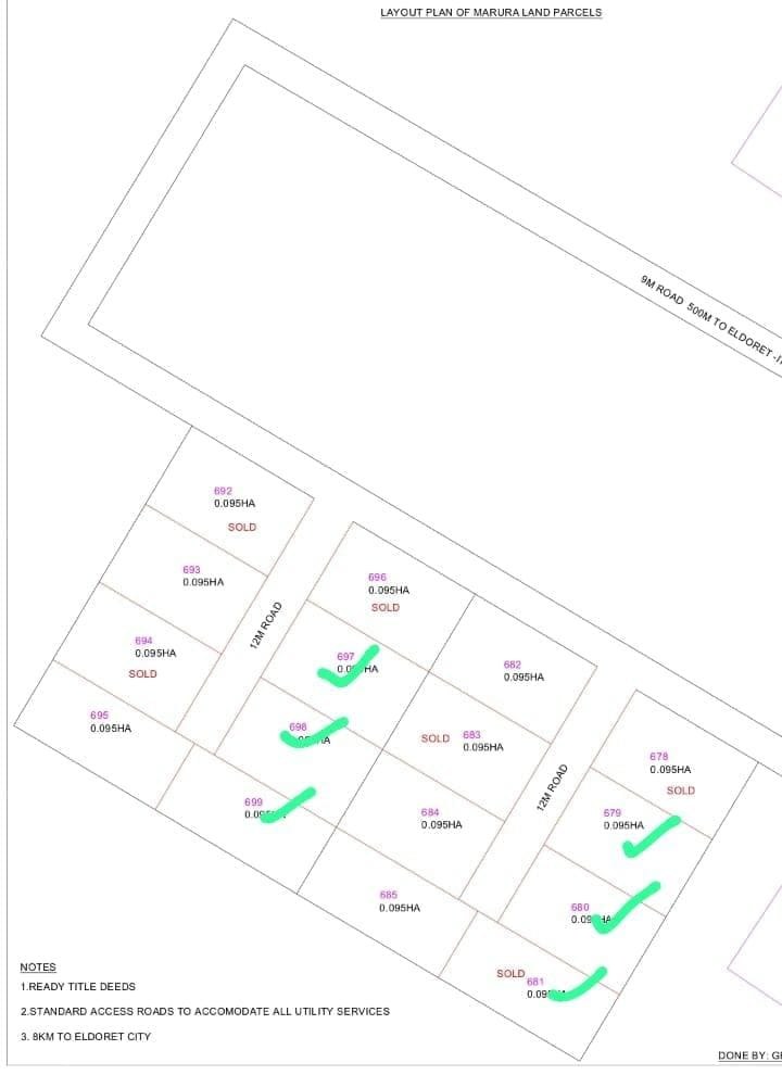 Layout plan of the Marura land parcels showing parcel numbers and 0.095 Ha plot sizes