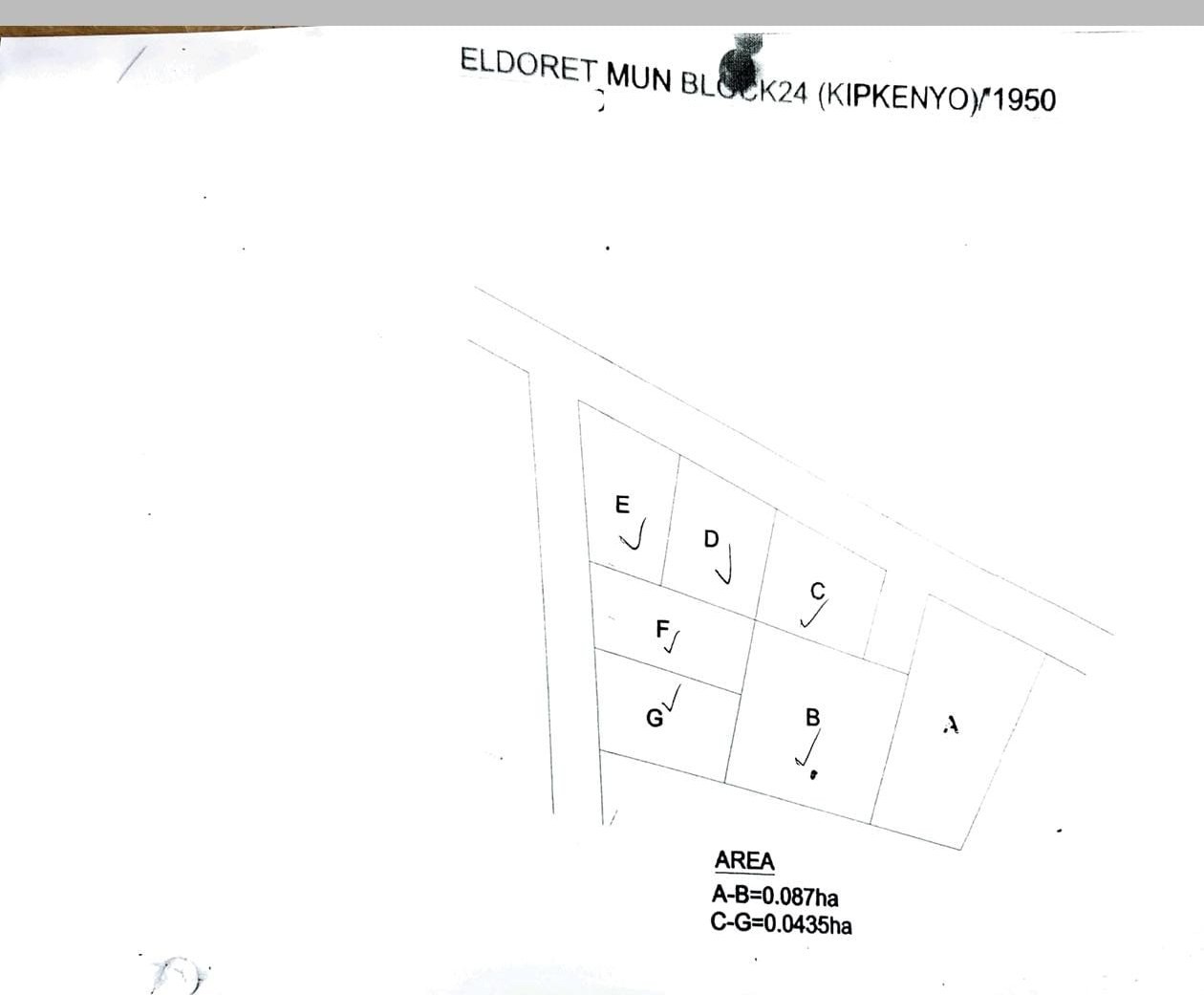 Subdivision plan for Eldoret Municipality Block 24 (Kipkenyo)/1950 showing plots A to G