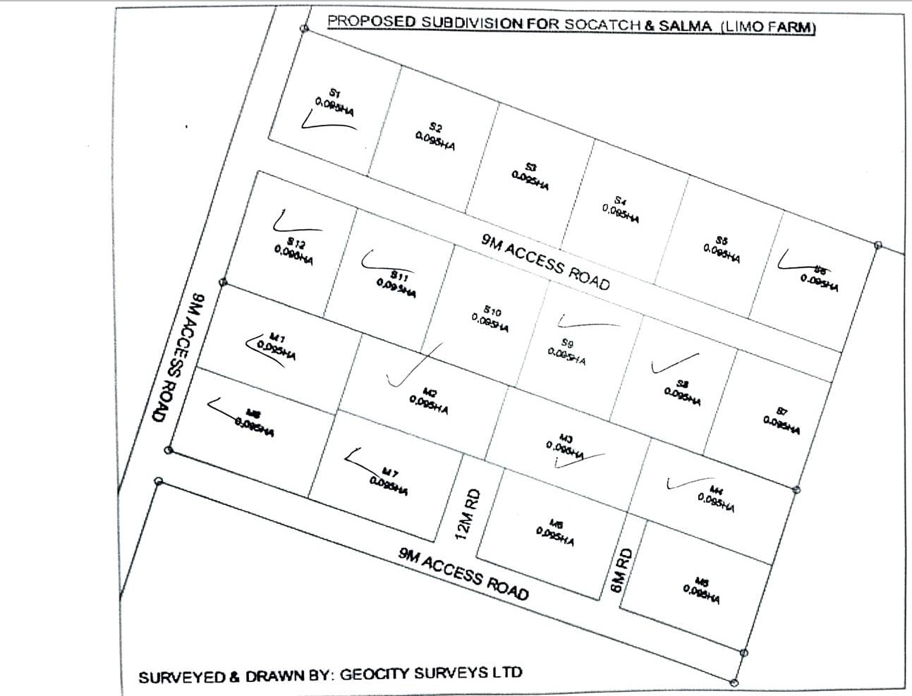 Approved subdivision plan for Socatch & Salma (Limo Farm), Illula, showing plots S1-S12 and M1-M9